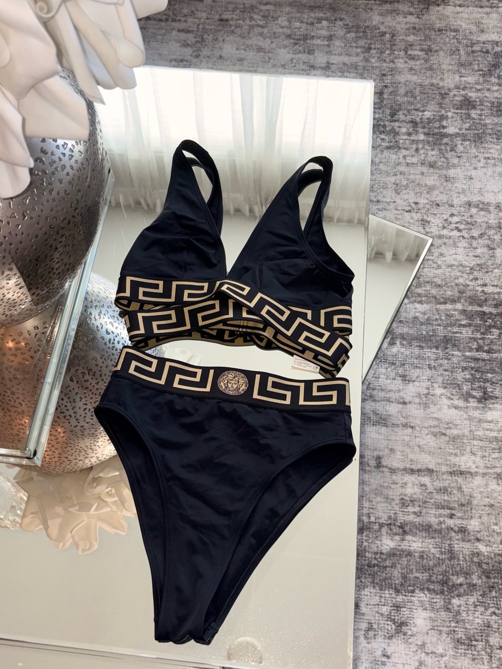 Versace Black Bikini Set with Gold Greek Key Trim